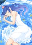  animal_ears blue_hair cat_ears closed_eyes dress glasses hair_ornament hairclip hanekawa_tsubasa long_hair lying monogatari_(series) on_side smile solo usyuuri water white_dress 