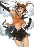  breasts brown_eyes brown_hair elbow_gloves gloves highres kantai_collection medium_breasts navel open_mouth ourin school_uniform sendai_(kantai_collection) short_hair skirt solo torn_clothes two_side_up underboob wince 
