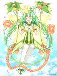  ^_^ alraune_(p&amp;d) aqua_hair chisa closed_eyes dress flower hair_flower hair_ornament hoop long_hair open_mouth plant plant_girl puzzle_&amp;_dragons smile solo swing very_long_hair 