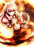  bad_id bad_pixiv_id bow fire flame fujiwara_no_mokou hair_bow hair_ribbon highres kotonoman long_hair looking_at_viewer pants red_eyes ribbon shirt silver_hair smile solo touhou tress_ribbon very_long_hair 