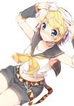  arm_warmers bad_id bad_pixiv_id bare_shoulders belly_peek blonde_hair blue_eyes blush hair_ornament hair_ribbon hairclip kagamine_rin leg_warmers navel ribbon sailor_collar short_hair shorts sitting smile solo vocaloid yappen 