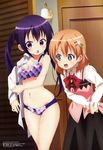  2girls absurdres blue_eyes blush bra breasts brown_hair cleavage dressing gochuumon_wa_usagi_desu_ka? gochuumon_wa_usagi_desuka? hair_ornament hairclip highres hoto_cocoa hoto_kokoa legs lingerie long_hair megami multiple_girls navel official_art open_mouth panties purple_eyes purple_hair shirt short_hair sparkling_eyes tedeza_rize twintails underwear undressing very_long_hair waitress yuri 