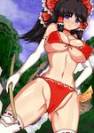  bikini black_hair blue_eyes bow breasts cameltoe censored covered_nipples elbow_gloves gloves gohei hair_bow hair_tubes hakurei_reimu highres large_breasts looking_at_viewer n_(dai_n_honpo) navel red_bikini smile solo spell_card swimsuit thighhighs touhou underboob white_gloves white_legwear 