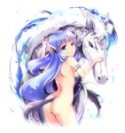  animal_ears armband ass back blue_eyes blue_hair breasts horse horse_ears horse_girl horse_tail long_hair looking_back medium_breasts nude original sideboob simple_background solo sys.ao tail white_background 
