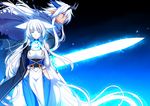  1girl animal_ears blue_eyes borrowed_character fox_ears highres husband_and_wife konshin long_hair orie_jinku orie_mishiro pixiv_fantasia pixiv_fantasia_fallen_kings pointy_ears red_eyes sword weapon white_hair 