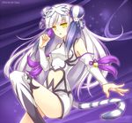  bare_shoulders blue_hair boots china_dress chinese_clothes chisa double_bun dress haku_(p&amp;d) looking_at_viewer multicolored_hair open_mouth puzzle_&amp;_dragons silver_hair solo tail thigh_boots thighhighs tiger_hair_ornament tiger_tail white_dress yellow_eyes 
