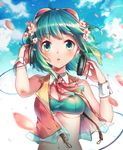  :o aqua_eyes aqua_hair bandeau blue_sky breasts cherry_blossoms cleavage cloud flower gumi hair_flower hair_ornament hands_on_headphones head_wings headphones highres looking_at_viewer medium_breasts megpoid_(vocaloid3) midriff navel nou open_clothes open_mouth open_vest petals sky solo strapless tears underboob vest vocaloid wrist_cuffs 