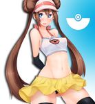  alternate_legwear arms_behind_back black_legwear black_panties blue_eyes blush breasts bright_pupils brown_hair crop_top detached_sleeves double_bun gloves hat long_hair lowleg lowleg_panties mei_(pokemon) panties pantyshot pantyshot_(standing) perky_breasts pitui1996 poke_ball_symbol pokemon pokemon_(game) pokemon_bw2 skindentation skirt small_breasts solo standing thighhighs thighs twintails underwear visor_cap 