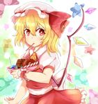  ascot blonde_hair bowl bright_pupils candy chocolate_bar crystal doughnut dress flandre_scarlet food hair_ribbon hat looking_at_viewer low_wings mouth_hold nobu_baka outstretched_arm pocky puffy_short_sleeves puffy_sleeves red_dress red_eyes ribbon short_hair short_sleeves side_ponytail skirt solo star star-shaped_pupils starry_background sweets symbol-shaped_pupils touhou wings 