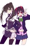  2girls black_hair breasts character_request copyright_request d.gray-man green_eyes lenalee_lee long_hair multiple_girls open_mouth red_eyes ribbon school_uniform skirt smile thighhighs twintails v 