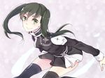  1girl black_hair breasts d.gray-man green_eyes lenalee_lee long_hair pink_background skirt smile thighhighs twintails 