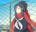  1girl black_hair chain-link_fence daluto_(hitomi555) fence hair_ornament hairclip kagerou_project kisaragi_shintarou long_hair red_eyes red_scarf scarf school_uniform serafuku short_hair tateyama_ayano 