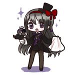  :d akemi_homura animal bird bird_on_hand black_hair bow fc_(efushii) full_body gloves hair_bow hair_ribbon hat jewelry liese_(madoka_magica) long_hair looking_at_viewer magician mahou_shoujo_madoka_magica open_mouth pantyhose purple_eyes red_bow ribbon simple_background smile solo standing star top_hat white_background 