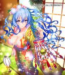  blue_eyes blue_hair blush breasts cleavage company_name floral_print flower fuji_minako japanese_clothes jiang_wan_(sangoku_infinity) kimono lamp large_breasts long_hair long_sleeves official_art sangoku_infinity shippou_(pattern) solo sparkle wavy_hair 