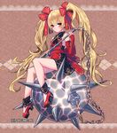  blonde_hair blush bow bracelet chain character_request detached_sleeves dress fuji_minako hair_bow high_heels holding holding_weapon jewelry long_hair long_sleeves red_eyes sitting smile solo twintails unmei_no_clan_battle weapon 