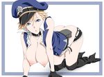  all_fours arm_support black_legwear blonde_hair blue_eyes boots breasts butt_crack collar earrings hanging_breasts hat highres jewelry large_breasts looking_at_viewer nipples no_bra open_clothes open_shirt original peaked_cap shirt short_hair shorts solo thigh_boots thighhighs tingesukan 