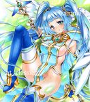  artist_name at_classics blue_eyes blue_gloves blue_hair blue_legwear breasts fingerless_gloves gloves long_hair looking_at_viewer medium_breasts naked_tabard original sample sideboob solo staff tabard thighhighs twintails 