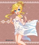  blonde_hair blue_eyes blush bracelet character_request fuji_minako hair_up jewelry long_hair long_legs looking_at_viewer open_mouth smile solo tattoo towel unmei_no_clan_battle 