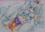  animal_ears bed_sheet blush breasts colored_pencil_(medium) detached_sleeves hat highres inubashiri_momiji kitazinger lying medium_breasts midriff navel on_back pillow short_hair solo tail thighhighs tokin_hat touhou traditional_media white_hair white_legwear wolf_ears wolf_tail 