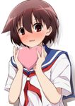  blush brown_hair full-face_blush heart kiyosumi_school_uniform miyanaga_saki neckerchief nonohachi red_eyes red_neckwear saki school_uniform serafuku short_hair silhouette solo wavy_mouth white_background 