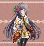  black_legwear blush breasts bridal_gauntlets character_request cleavage eating flower fuji_minako grey_hair hair_flower hair_ornament japanese_clothes large_breasts long_hair long_sleeves skirt solo thighhighs unmei_no_clan_battle yellow_eyes 