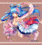  barefoot blue_hair blush breasts cleavage dress earrings flower fuji_minako hair_rings japanese_clothes jewelry large_breasts long_hair long_sleeves necklace open_mouth pearl_necklace red_eyes shell smile solo unmei_no_clan_battle 