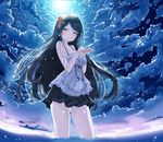  bad_id bad_pixiv_id bangs black_hair blue breasts camisole cleavage cloud cloudy_sky cupping_hands fisheye from_below glowing hair_ornament hairpin large_breasts long_hair moonlight mx2j_(nsh6394) nail_polish night night_sky original pale_skin pleated_skirt skirt sky smile solo swept_bangs wading wristband yellow_eyes 