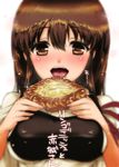  akagi_(kantai_collection) blush breasts brown_eyes brown_hair drooling food japanese_clothes kantai_collection long_hair medium_breasts muneate open_mouth pastry simple_background solo sparkle tamochi_(tamochi213) translated 