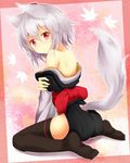  animal_ears bare_shoulders black_legwear blush breasts embarrassed hat highres inubashiri_momiji kittona looking_at_viewer looking_back medium_breasts off_shoulder red_eyes short_hair silver_hair sitting solo tail thighhighs tokin_hat touhou wolf_ears wolf_tail 