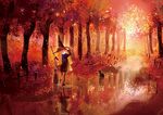  autumn autumn_leaves bad_id bad_pixiv_id black_cat blonde_hair broom cat commentary_request dress forest halloween hat looking_up nature original pond reflection tobi_(kotetsu) tree witch witch_hat 