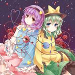  blue_eyes flower green_hair hairband heart heart_of_string holding_hands komeiji_koishi komeiji_satori multiple_girls pink_skirt purple_hair red_eyes rose short_hair siblings sisters skirt tamichan third_eye touhou 