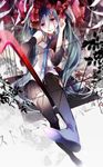  bandages black_legwear blue_hair boots cage crowbar detached_sleeves hatsune_miku heart highres long_hair looking_at_viewer necktie pleated_skirt red_eyes reika_(iamreika) sitting skirt smile streaming_heart_(vocaloid) tears thigh_boots thighhighs twintails very_long_hair vocaloid 