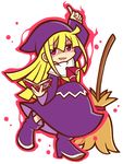  arm_up blonde_hair book broom cerasus dress full_body hat index_finger_raised long_hair madou_monogatari official_style purple_dress purple_eyes puyopuyo shaded_face shoes smile solo standing white_background witch_(puyopuyo) 