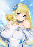  armor bad_id bad_pixiv_id bare_shoulders blonde_hair blue_eyes breast_suppress breasts covered_navel huge_breasts lips long_hair looking_at_viewer o-ring puzzle_&amp;_dragons sakuru see-through solo sweat upper_body valkyrie valkyrie_(p&amp;d) water_valkyrie_(p&amp;d) 