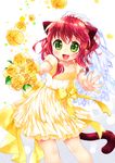  :3 :d animal_ears bad_id bad_pixiv_id blush bouquet cat_ears cat_tail child dress eyebrows_visible_through_hair flower formal green_eyes lace lace-trimmed_dress mutou_mato open_mouth original red_hair short_sleeves smile solo tail veil white_background yellow_dress 