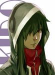  character_name green_hair hair_over_one_eye hood hoodie kagerou_project kido_tsubomi long_hair looking_at_viewer lowrain red_eyes serious solo 