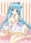 bare_shoulders blue_eyes blue_hair blush breasts crown dress dress_pull happinesscharge_precure! long_hair looking_at_viewer medium_breasts mini_crown nekoyaso nipples precure pulled_by_self shirayuki_hime sitting smile solo wariza 