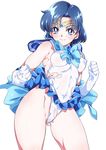  absurdres back_bow bare_shoulders bishoujo_senshi_sailor_moon blue_choker blue_eyes blue_hair blue_sailor_collar blue_skirt blush bow breasts choker clenched_hands covered_nipples earrings elbow_gloves gloves highres jewelry magical_girl mizuno_ami niko_(tama) sailor_collar sailor_mercury sailor_senshi_uniform short_hair simple_background skirt small_breasts smile solo tiara torn_clothes white_background white_gloves 