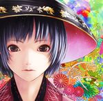  abstract_background bowl close-up expressionless face floral_background japanese_clothes kanden kikumon kimono looking_at_viewer multicolored multicolored_background multicolored_eyes parted_lips portrait purple_eyes purple_hair rice_bowl short_hair solo sukuna_shinmyoumaru touhou yellow_eyes 