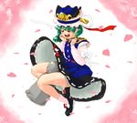  bare_legs between_thighs blush green_hair hat jizou kihou_kanshouzai petals shiki_eiki short_hair skirt smile solo touhou 