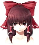  bad_id bad_pixiv_id bare_shoulders bow brown_hair frown hair_bow hair_tubes hakurei_reimu highres looking_at_viewer red_eyes short_hair sidelocks simple_background solo sudako_(dai011305) touhou upper_body white_background 