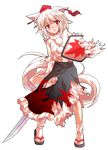  :o alphes_(style) animal_ears blush broken_shield dairi detached_sleeves full_body hat highres inubashiri_momiji katana navel parody red_eyes shield skirt solo style_parody sword tail tokin_hat torn_clothes torn_skirt touhou transparent_background weapon wolf_ears wolf_tail 