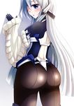  1girl against_wall android armor ass blue_eyes blush bodysuit female from_behind highres horizon_ariadust kyoukaisenjou_no_horizon long_hair looking_at_viewer morisoba_no_heya open_mouth pantyhose shiny silver_hair solo thong thong_leotard very_long_hair 