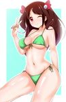  ;) bikini breasts brown_hair closed_mouth collarbone front-tie_top green_bikini groin large_breasts long_hair mizuhara_hayari navel nonohachi one_eye_closed red_eyes saki saki_achiga-hen side-tie_bikini smile solo string_bikini swimsuit underboob v 