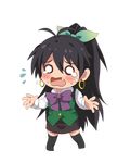  black_hair blush chibi cosplay earrings fang full_body ganaha_hibiki hiiringu idolmaster idolmaster_(classic) jewelry long_hair lowres o_o open_mouth otonashi_kotori otonashi_kotori_(cosplay) pencil_skirt ponytail skirt solo tears thighhighs transparent_background 