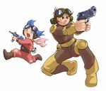  1boy 1girl 80s black_eyes blue_eyes blue_hair brown_hair child chill goggles gun handgun jiron_amos machine_gun no_pupils oldschool pistol saitani_umetarou scarf sentou_mecha_xabungle weapon 