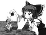  &gt;_&lt; :d arms_up bow bowl chin_rest closed_eyes detached_sleeves hair_bow hair_tubes hakurei_reimu hands_up hato_(grazie_a_domani_7) japanese_clothes kimono leaning_forward looking_at_another minigirl monochrome multiple_girls open_mouth reaching rice_bowl short_hair sitting smile sukuna_shinmyoumaru table teasing tiptoes touhou trembling xd 