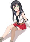  agano_(kantai_collection) arm_support belly_peek binsen black_hair blush breasts cleavage gloves green_eyes highres kantai_collection large_breasts long_hair looking_at_viewer miniskirt open_mouth school_uniform serafuku single_thighhigh skirt solo thighhighs white_gloves 