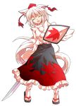  ^_^ alphes_(style) animal_ears blush closed_eyes dairi detached_sleeves full_body hat highres inubashiri_momiji katana open_mouth parody shield skirt solo style_parody sword tail tokin_hat touhou transparent_background weapon wolf_ears wolf_tail 