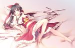  bad_id bad_pixiv_id bare_shoulders barefoot black_hair blush bow breasts cleavage clothes_removed hair_bow hair_tubes hakurei_reimu legs long_hair looking_at_viewer lying medium_breasts midriff mikazuki_sara on_back purple_eyes solo touhou 